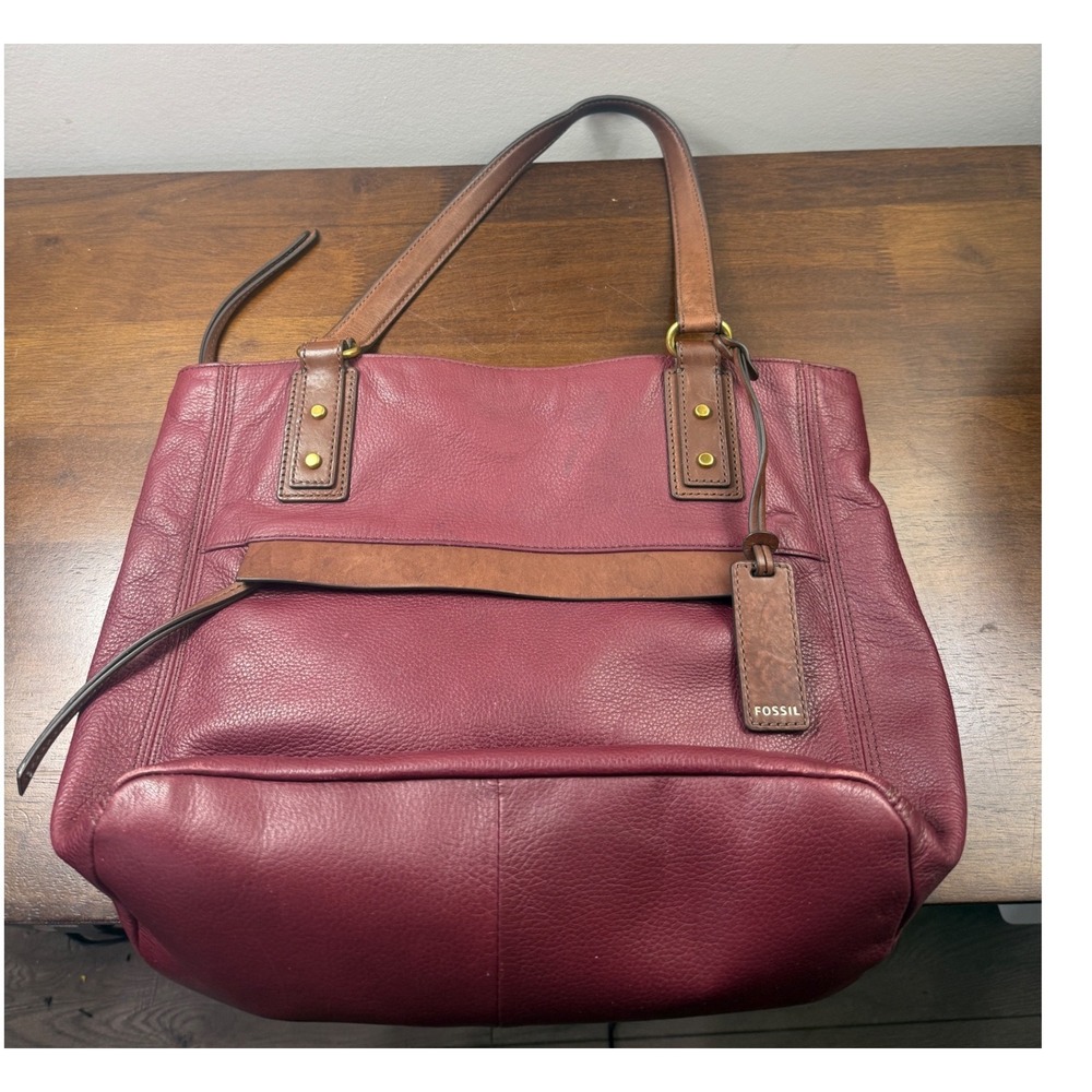 Fossil Burgundy Molly Tote Pebbled Leather Tote Bag Brown Trim Shoulder Bag
